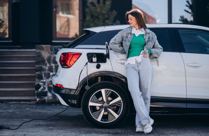 Woman charging her electric car with charging pistol